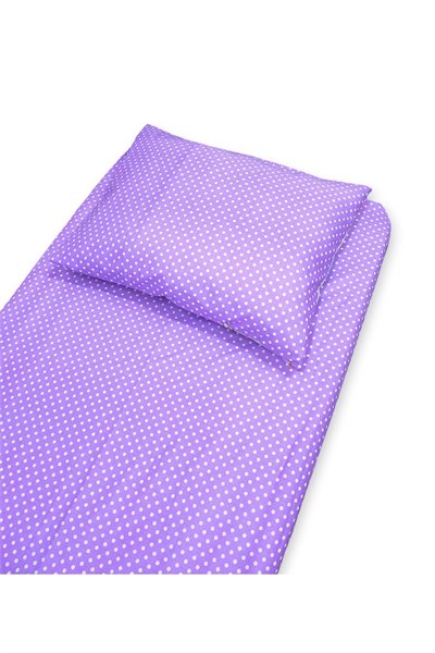 Pamuklu Bebek Çocuk Lastikli Çarşaf ve Yastık Kılıfı 120x200 cm, Lila Puantiyeli