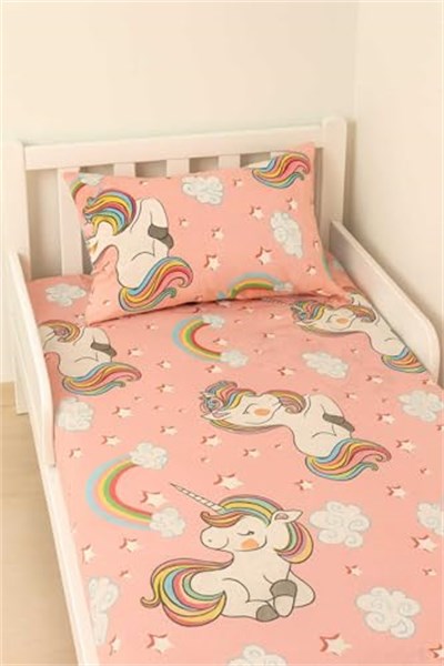 Pamuklu Bebek ve Çocuk Lastikli Çarşaf ve Yastık Kılıfı Seti, 70x130 cm, Pembe Unicorn