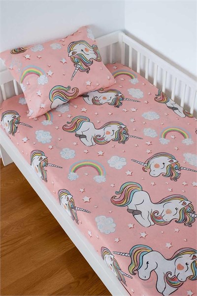 Pamuklu Bebek ve Çocuk Lastikli Çarşaf ve Yastık Kılıfı Seti, 70x130 cm, Pembe Unicorn