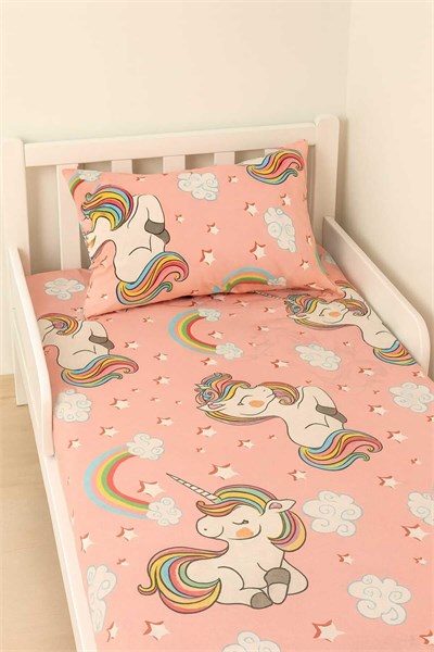 Pamuklu Bebek ve Çocuk Lastikli Çarşaf ve Yastık Kılıfı Seti, 70x130 cm, Pembe Unicorn