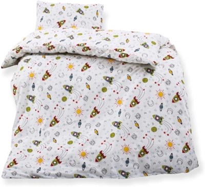 Pamuklu Çocuk Beşik Yatak Takımı, 90x190 cm, Uzay Roket Desenli, 3 Parça Set