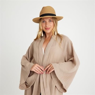 Pamuklu Dokuma Beli Kuşaklı Maxi Kadın Kimono Kaftan | Plaj Kimono | Müslin Kimono Uzun Plaj Bol Uzun Boho Bikini Cover Up Büyük Beden Hafif Kadın Plaj Kıyafeti Plaj Elbisesi Pareo