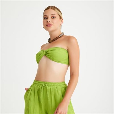 Pamuklu Dokuma Müslin Düğüm Crop Top, Arkası Lastikli Geniş Paça Pantolon, 2li Takım | Müslin Plaj Takım | Kadın Müslin Alt Üst Takım