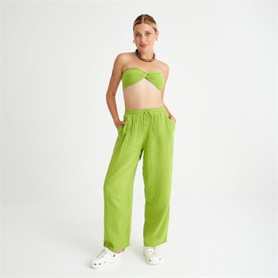 Pamuklu Dokuma Müslin Düğüm Crop Top, Arkası Lastikli Geniş Paça Pantolon, 2li Takım | Müslin Plaj Takım | Kadın Müslin Alt Üst Takım