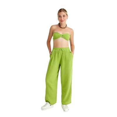 Pamuklu Dokuma Müslin Düğüm Crop Top, Arkası Lastikli Geniş Paça Pantolon, 2li Takım | Müslin Plaj Takım | Kadın Müslin Alt Üst Takım