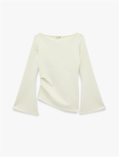 Pamuklu Drapeli Asimetrik Kesim Uzun İspanyol Kol Tişört - Bedenler: S, X Small, M, L, X Large, XXL