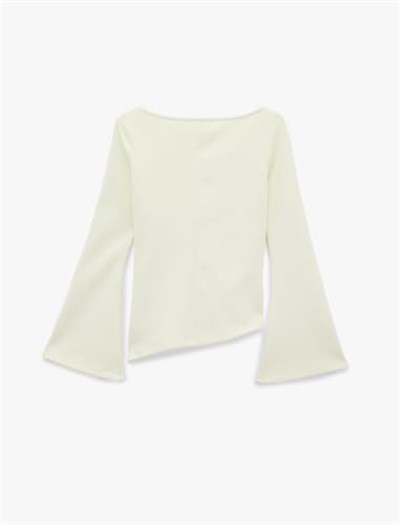 Pamuklu Drapeli Asimetrik Kesim Uzun İspanyol Kol Tişört - Bedenler: S, X Small, M, L, X Large, XXL