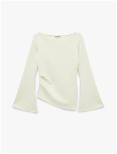 Pamuklu Drapeli Asimetrik Kesim Uzun İspanyol Kol Tişört - Bedenler: S, X Small, M, L, X Large, XXL