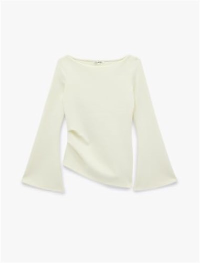 Pamuklu Drapeli Asimetrik Kesim Uzun İspanyol Kol Tişört - Bedenler: S, X Small, M, L, X Large, XXL