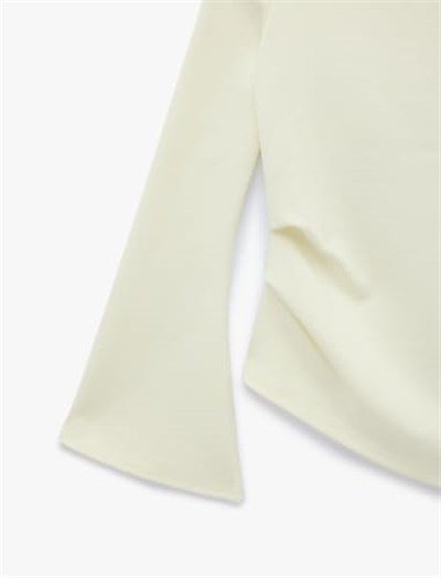 Pamuklu Drapeli Asimetrik Kesim Uzun İspanyol Kol Tişört - Bedenler: S, X Small, M, L, X Large, XXL