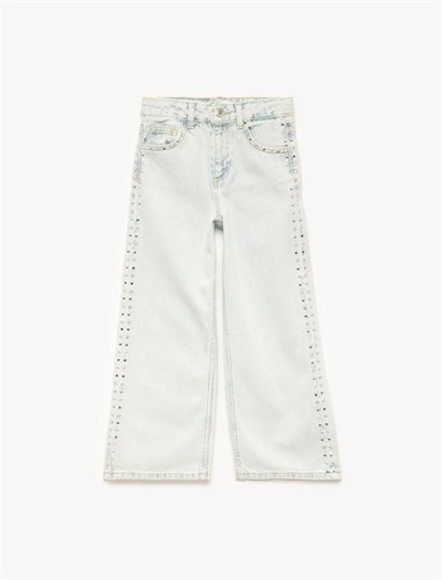 Pamuklu Normal Bel Zımba Detaylı Geniş Paça Denim Pantolon - Wide Leg Jeans