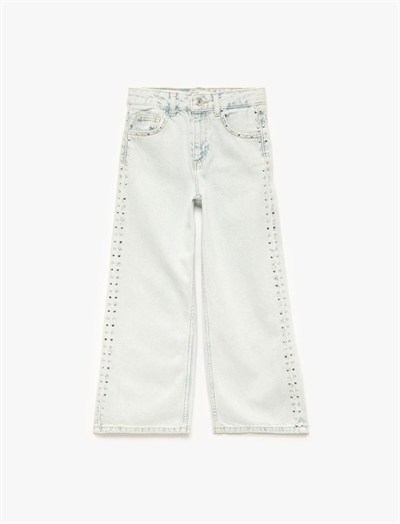 Pamuklu Normal Bel Zımba Detaylı Geniş Paça Denim Pantolon - Wide Leg Jeans