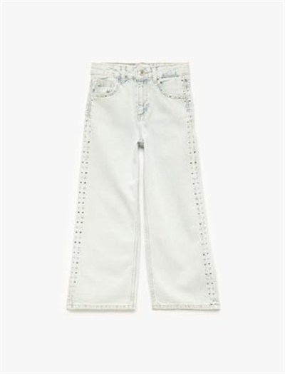 Pamuklu Normal Bel Zımba Detaylı Geniş Paça Denim Pantolon - Wide Leg Jeans