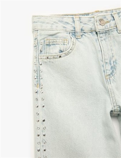 Pamuklu Normal Bel Zımba Detaylı Geniş Paça Denim Pantolon - Wide Leg Jeans