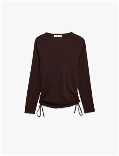 Pamuklu Slim Fit Uzun Kollu Bisiklet Yaka Yanları Büzgülü Bağlamalı Tişört - Bedenler: M, L, XXL