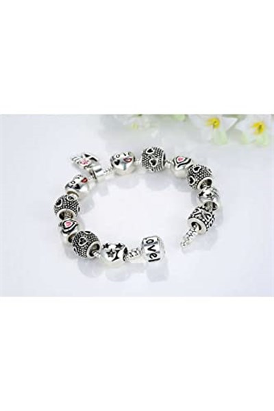 Pandora Tarzı, Love Charmlı, Gümüş Charm Bİleklik Sevgililer gününe Özel, Ahşap Kutu İçerisinde takıNM306