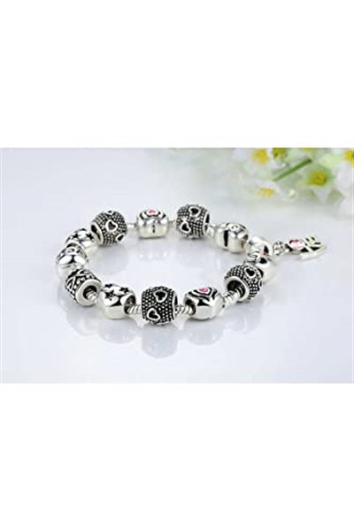Pandora Tarzı, Love Charmlı, Gümüş Charm Bİleklik Sevgililer gününe Özel, Ahşap Kutu İçerisinde takıNM306
