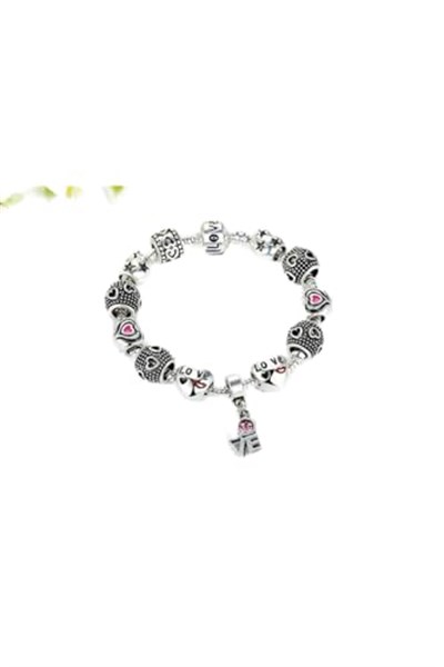 Pandora Tarzı, Love Charmlı, Gümüş Charm Bİleklik Sevgililer gününe Özel, Ahşap Kutu İçerisinde takıNM306