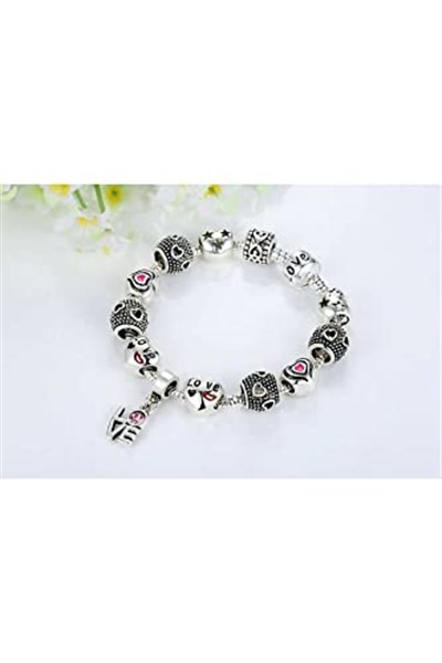 Pandora Tarzı, Love Charmlı, Gümüş Charm Bİleklik Sevgililer gününe Özel, Ahşap Kutu İçerisinde takıNM306