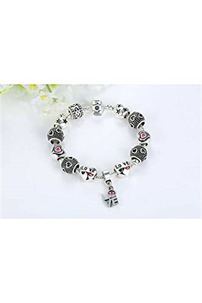 Pandora Tarzı, Love Charmlı, Gümüş Charm Bİleklik Sevgililer gününe Özel, Ahşap Kutu İçerisinde takıNM306