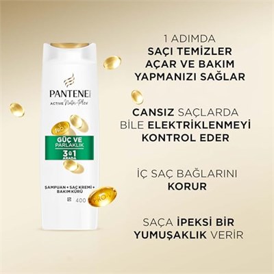 PANTENE Güç ve Parlaklık 3ü 1 Arada Şampuan 400 ml - Seçenekler: Standart 3lü paket, Standart