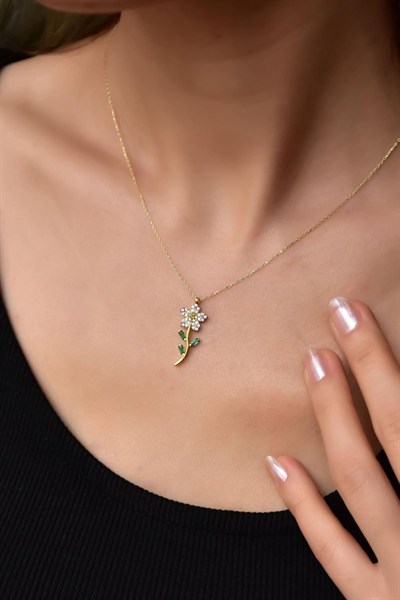 Papatya Silver 925 Ayar Gümüş Altın Kaplama Pembe Taşlı Papatya Kolye