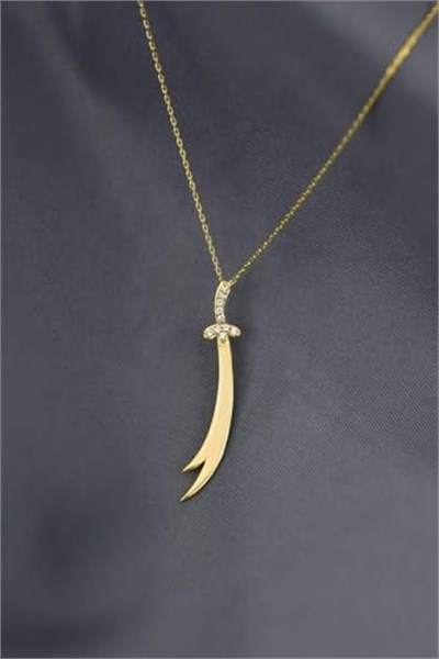 Papatya Silver 925 Ayar Gümüş Gold Kaplama Dikey Taşlı Zülfikar Kılıç Kolye