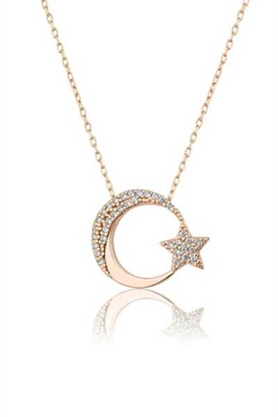 Papatya Silver 925 Ayar Rose Altın Kaplama Gümüş Ay Yıldız Kolye