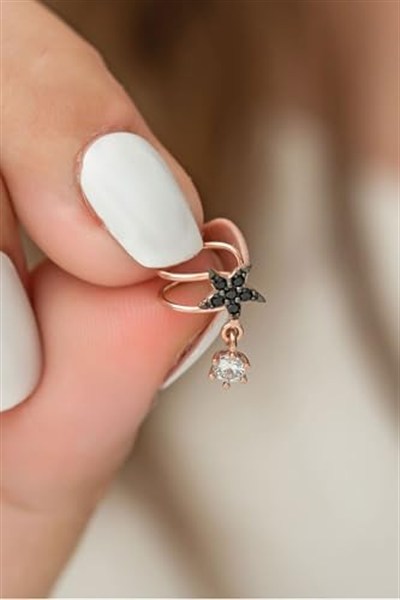 Papatya Silver 925 Ayar Siyah Taşlı Yıldız Kıkırdak Gümüş Küpe Rose Altın