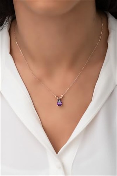 Papatya Silver Ametist Damla Kolye Kenarları Çift Dorica Toplu Rose Altın Kaplama 925 Ayar Gümüş - Uvps100117