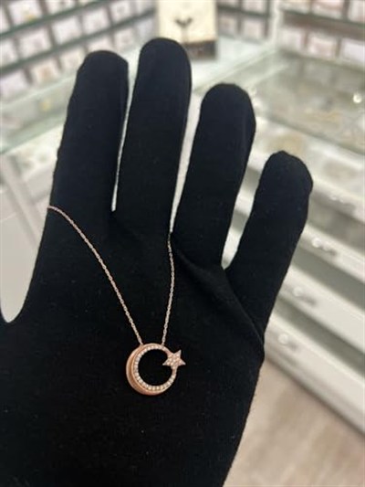 Papatya Silver Ay Yıldız Figürlü Rose Altın Kaplama Nano Zirkon Kolye