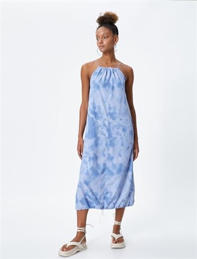 Parachute Maxi Dress Halter Neck Drawstring at Hem Pockets Tie-Dye Patterned