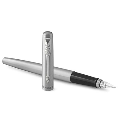 Parker Jotter Paslanmaz Çelik Krom Tasarımlı Dolma Kalem, Orta Kalınlıkta Uç, Mavi Mürekkep