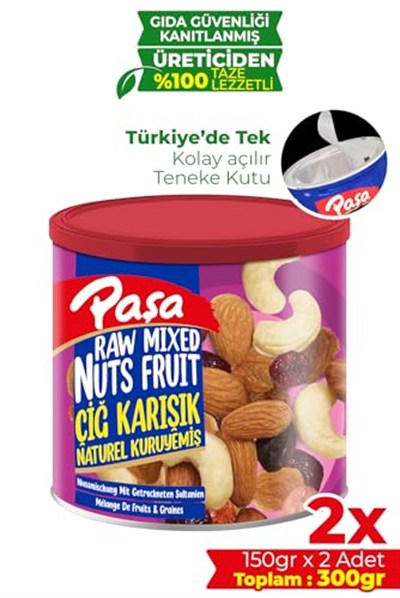 Paşa Çiğ Karışık Kuruyemiş, Kapaklı Teneke Kutu, 2x150 gr, Badem, Fındık, Kaju, Kuru Üzüm ve Turna Yemişi