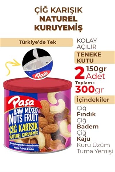 Paşa Çiğ Karışık Kuruyemiş, Kapaklı Teneke Kutu, 2x150 gr, Badem, Fındık, Kaju, Kuru Üzüm ve Turna Yemişi