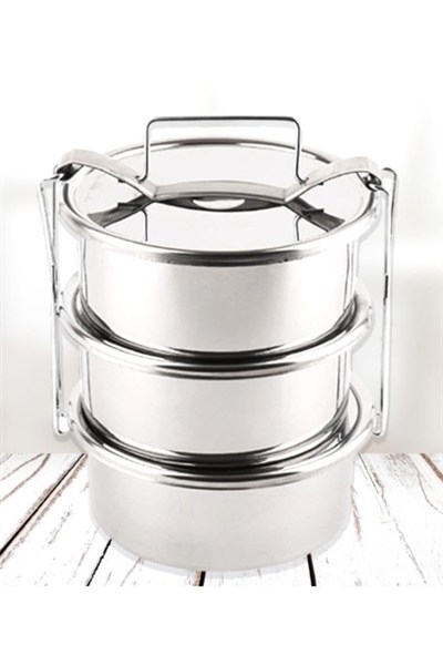 Paslanmaz Çelik 15x6cm 3 Kaplı Isıtılabilir Sefer Tası 3-4 Kişilik Yemek Taşıma Kabı 2.2 LT 750ml X3
