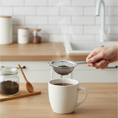 Paslanmaz Çelik Çay Süzgeci – İnce Tel Örgü Bitki Çayı ve Türk Çayı Süzgeci, Ergonomik Saplı, 5 cm Filtre Çapı