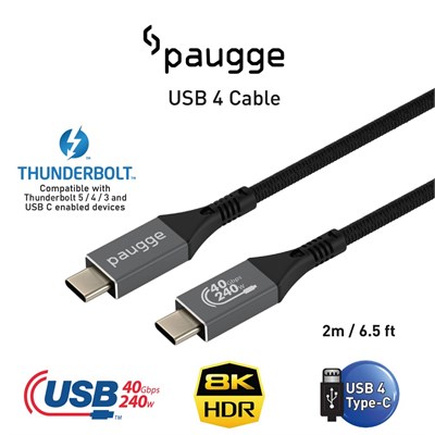 Paugge USB 4 Kablo - 40Gbps, USB C Görüntü, Ses, Data ve Şarj Kablosu - 8K 60Hz, 4K 144Hz /120Hz / 60Hz, HDR (2 Metre) - Seçenekler: 1 Metre, 2 Metre, 3 Metre, 5 Metre