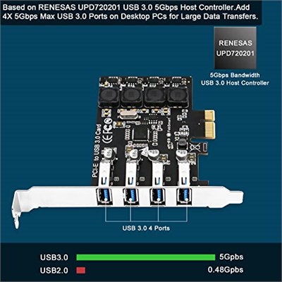PCIE 4 Bağlantı Noktalı Süper Hızlı 5Gbps USB 3.0 Genişletme Kartı, Windows 11, 10, 8.x, 7, Vista, XP Masaüstü Bilgisayarlar, Dahili FebSmart Kendinden Güç Teknolojisi, Ek Güç Kaynağına Gerek