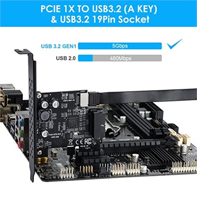 PCIE USB3.2 GEN1 Tip E Genişletme Kartı, PCI Express 1X - 20Pin Ön Panel Tip C Konnektör (A anahtar) ve 19Pin Soket, Windows XP/11/10/8/7 LINUX için D720201 Çip ile 5Gbps PCIE USB Adaptörü