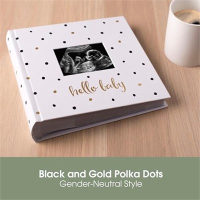 Pearhead Hello Baby Fotoğraf Albümü, Yeni ve Bekleyen Ebeveynler için Bebek Kitabı Hatırası, Cinsiyetsiz Bebek Aksesuarı, 200 Fotoğraf Tutar, Siyah ve Altın Puantiyeli
