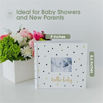 Pearhead Hello Baby Fotoğraf Albümü, Yeni ve Bekleyen Ebeveynler için Bebek Kitabı Hatırası, Cinsiyetsiz Bebek Aksesuarı, 200 Fotoğraf Tutar, Siyah ve Altın Puantiyeli