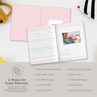 Pearhead Hello Baby İlk 5 Yıl Hatıra Defteri, yeni ve bebek bekleyen ebeveynler için kız bebek hatırası, hamilelik ve dönüm noktası günlüğü, pembe