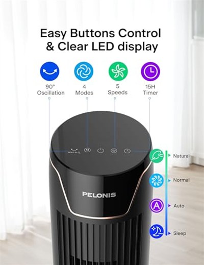 PELONIS Kule Fan, Uzaktan Kumanda, 38dB Fısıltı Sessizliği, 5 Hız Kademesi ve 4 Mod, LED Ekran, 15h Zamanlayıcı, 90° Salınım