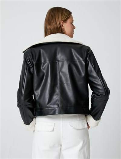 Peluş Detaylı Biker Ceket Suni Deri