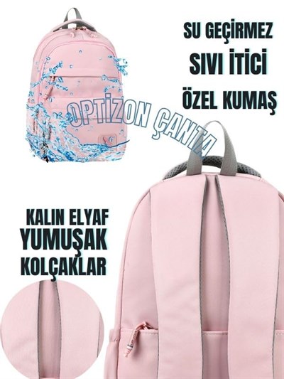PEMBE OKUL ÇANTASI Beslenme Çantası ve Matara ile 3LÜ SET Su itici Özel Kumaş Hafif Sırt Çantası