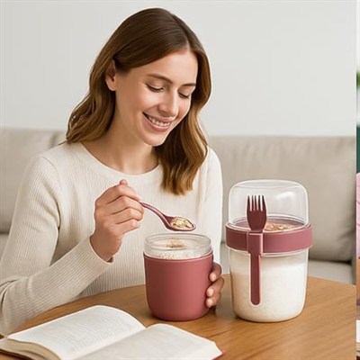 Pembe Saklama Kabı – 2 Katlı Taşınabilir Yemek Kabı, Kaşık ve Çatal Dahil 18x10 cm