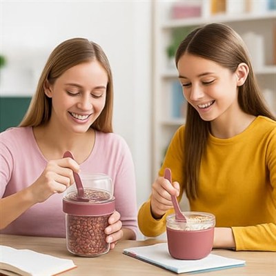 Pembe Saklama Kabı – 2 Katlı Taşınabilir Yemek Kabı, Kaşık ve Çatal Dahil 18x10 cm