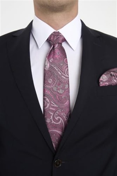 Pembe Şal Motif Desen Kravat Mendil Set