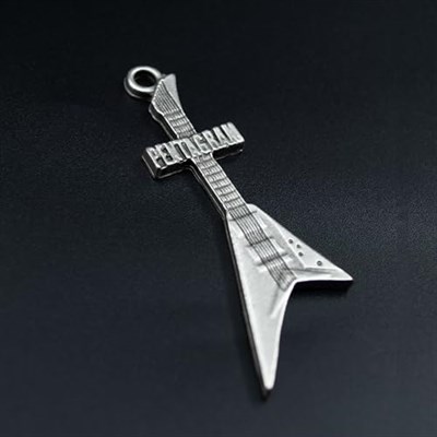 Pentagram Elektro Gitar Deri ip Kolye - Gümüş Kaplama - Kadın Erkek Kolye - No:1037